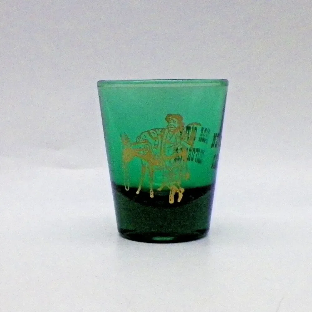 Nevada City California Green Shot Glass Gold Rush 49er & His Mule